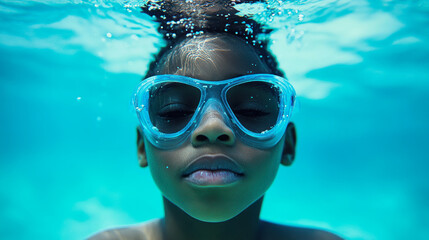 Naklejka premium Portrait of a dark-skinned boy swimming underwater wearing diving goggles