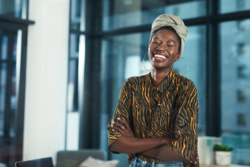 Black woman, portrait and arms crossed in office, writer and fashion reporter at publishing agency....