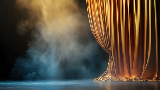Opulent curtains unveil a majestic stage with swirling smoke.