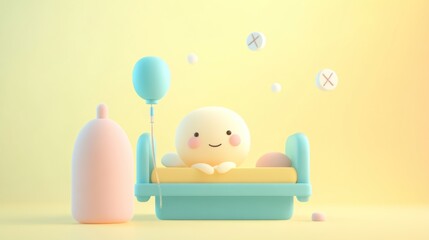 A cute, pastel-colored character in a crib with a balloon, evoking a playful, joyful atmosphere.