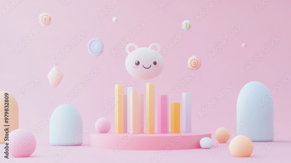 Poster a playful 3d scene with pastel colors featuring a bear-like character and floating shapes.