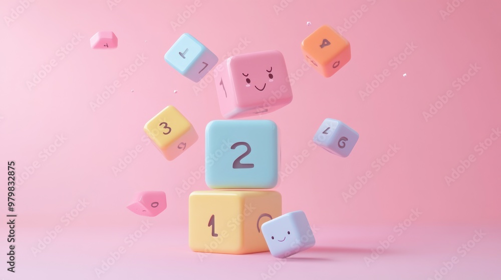 Poster colorful stacking blocks with numbers and smiling faces on a pink background.