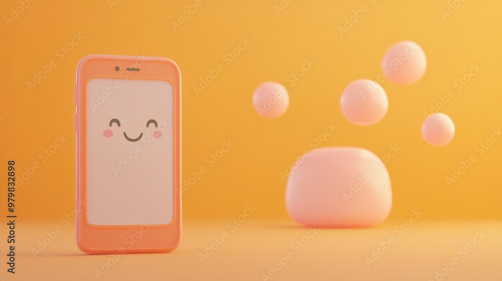 Poster a cheerful smartphone with a smiling face next to a soft, round object on a bright background.