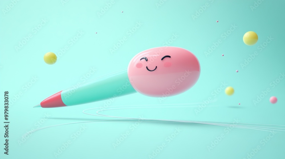 Poster A cheerful, cartoonish pen with a smiling face, floating in a playful, colorful environment.