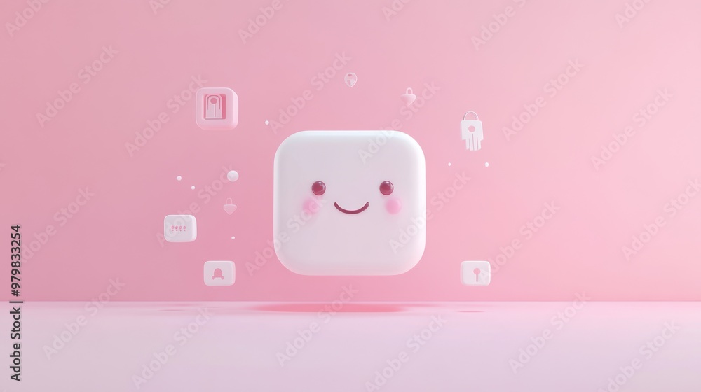 Wall mural A cute, smiling icon surrounded by various icons on a soft pink background.