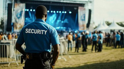 Security guard surveilling a large crowd at an outdoor music festival