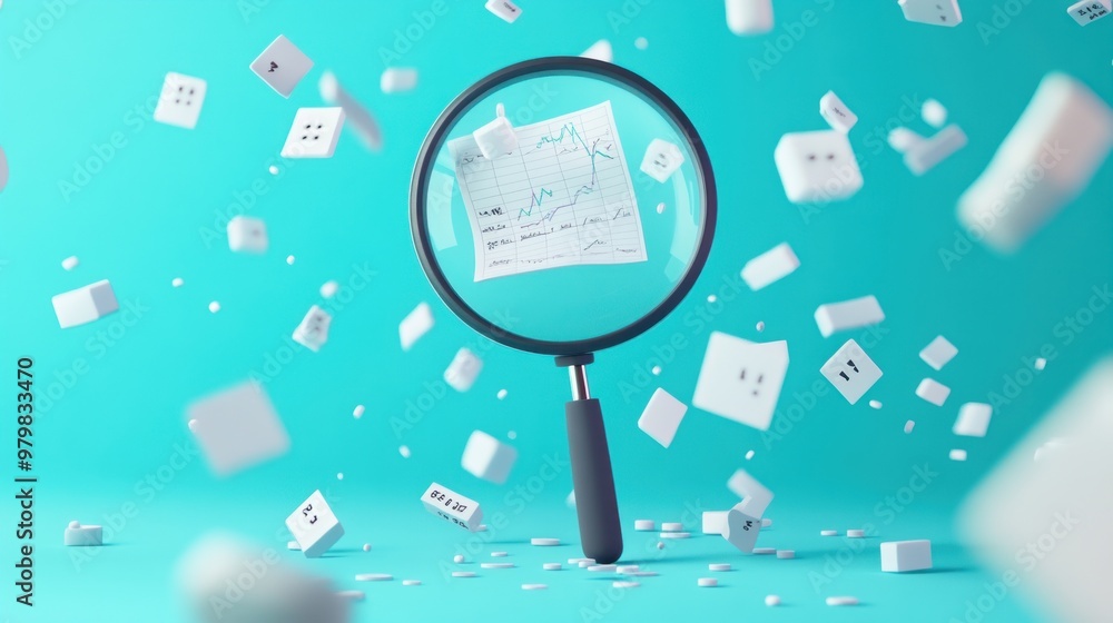 Poster a magnifying glass focuses on a chart amid floating cubes, symbolizing analysis and data.