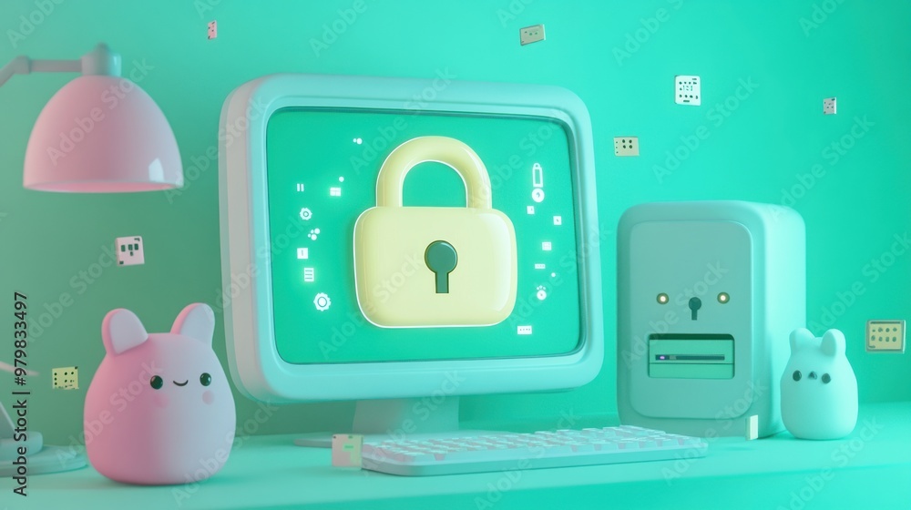 Poster a cute, stylized computer setup featuring a lock symbol, emphasizing cybersecurity.