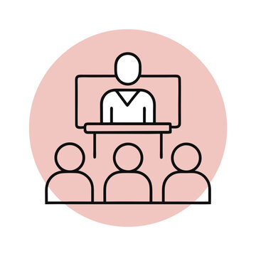 recommend clip art: Speaker presenting to audience in a seminar setting depicted in line art
