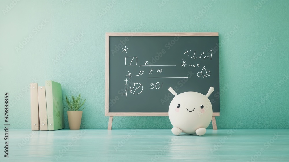 Poster a cute character sits in front of a chalkboard with simple math and science drawings.