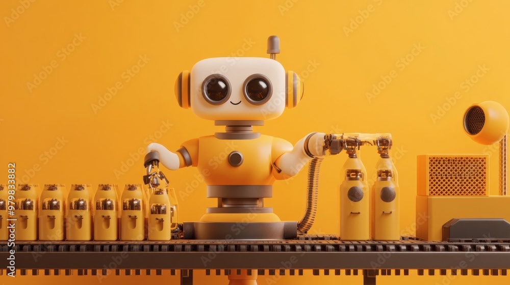 Poster a cheerful robot operates a factory line, assembling bottles against a bright yellow backdrop.