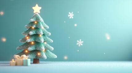 Fototapeta premium A festive scene featuring a decorated Christmas tree and gifts against a soft blue background.