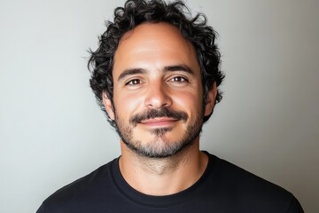 Obraz premium Smiling young man with dark curly hair symbolizing confidence positivity and a welcoming friendly personality in a modern relaxed environment