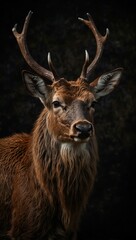 Red deer portrait on a black background.