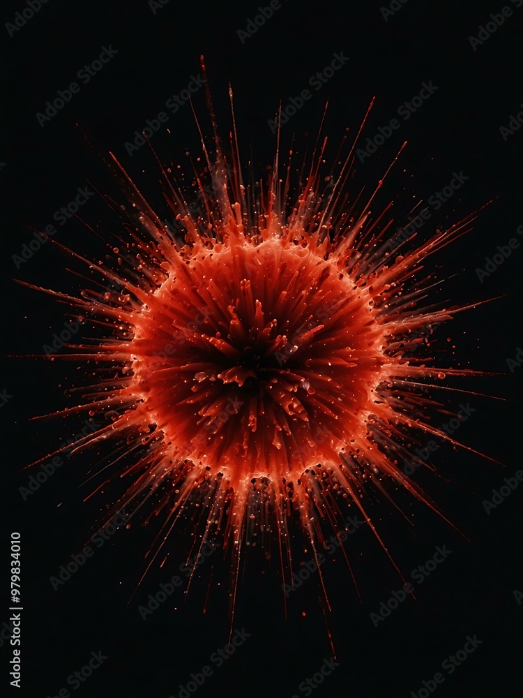 Poster red exploding particles on a black background.