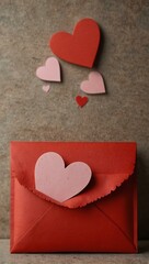 Red envelope with pink and red hearts for Valentine's Day.