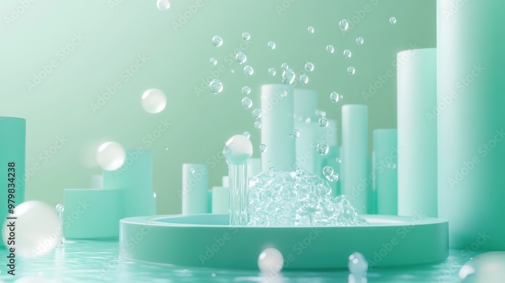 Poster abstract composition with bubbles and cylindrical forms in soft green tones.