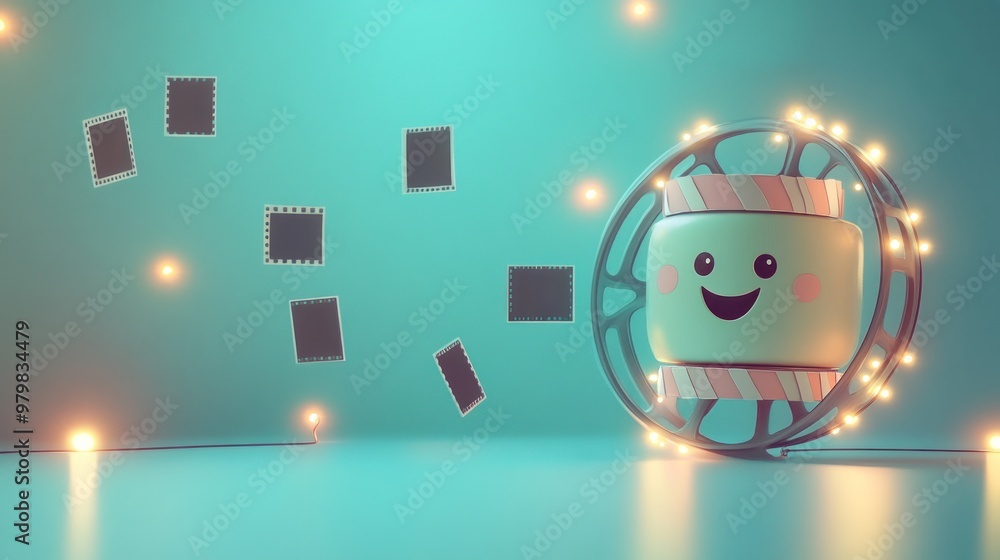 Poster a cheerful character with lights and floating images in a playful, colorful setting.