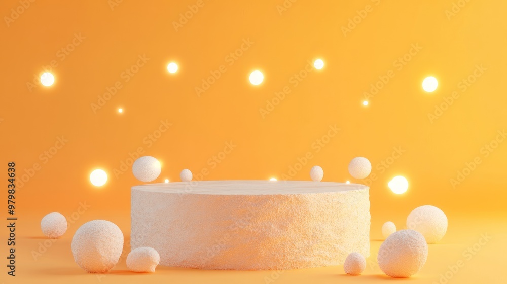 Poster a minimalist display with a circular pedestal and floating spheres against a warm background.