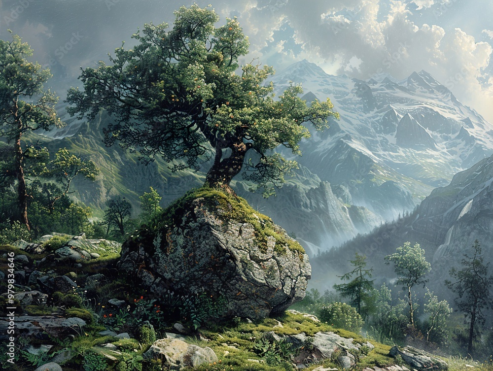 Poster Majestic Mountain Landscape with a Lone Tree