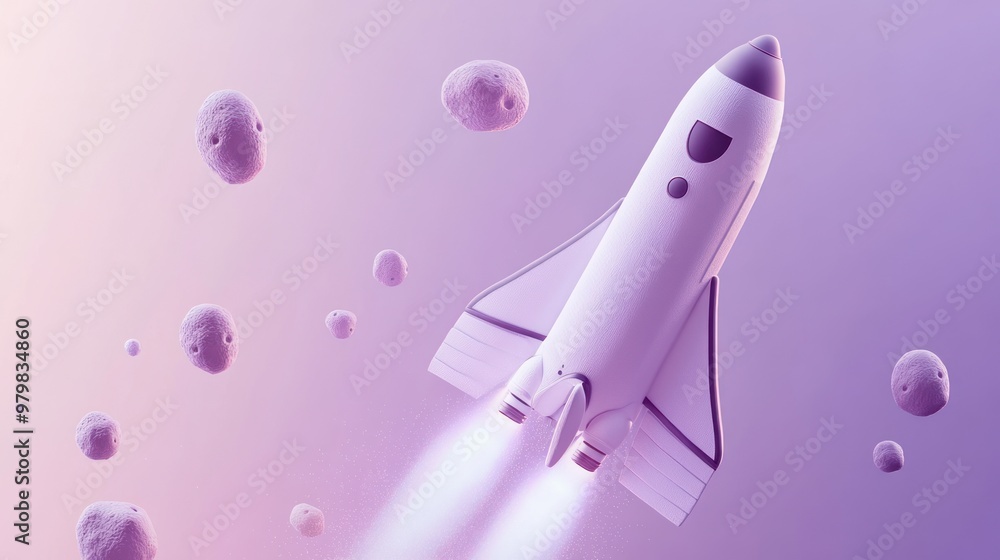 Aufkleber a stylized rocket ascending through space, surrounded by small asteroids in a gradient background.