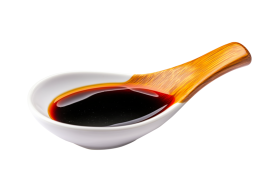 A white porcelain dish containing dark soy sauce Teriyaki isolated on white transparent background.