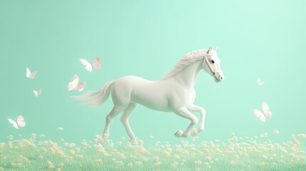 A majestic white horse gallops through a field of flowers, surrounded by delicate butterflies.