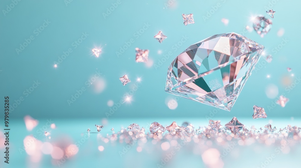 Sticker A sparkling diamond surrounded by smaller gems against a soft blue background.