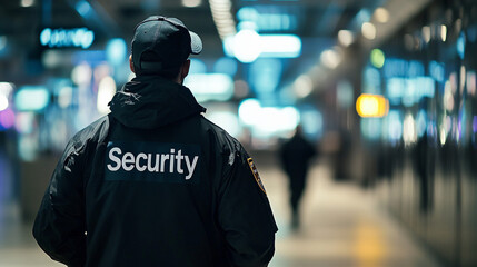 At night, a security guard in a black uniform patrols a well-lit building corridor
