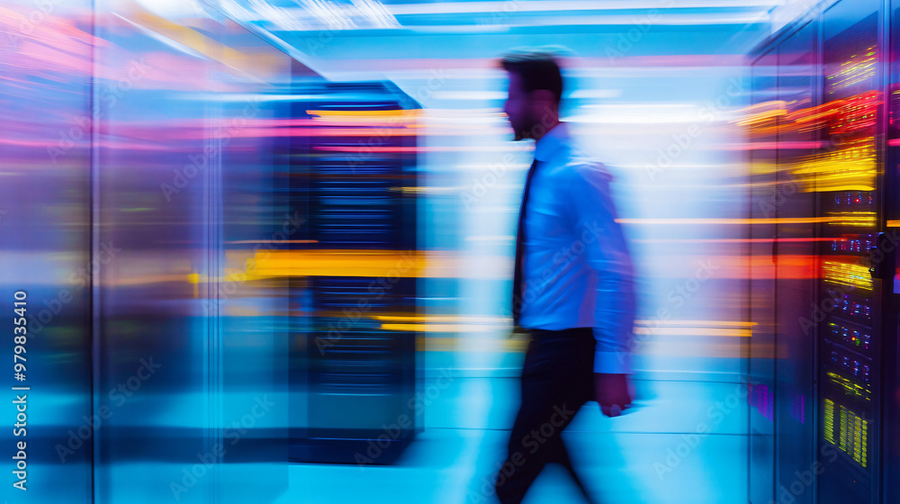 Poster skilled it engineer in state-of-the-art data center with motion blur effect, emphasizing speed and i
