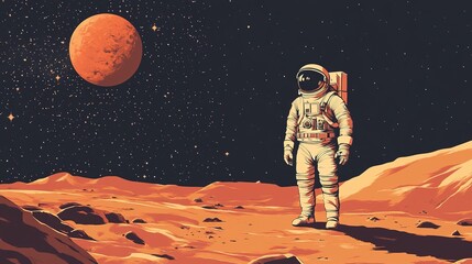 Obraz premium Astronaut amidst Mars' rugged landscape