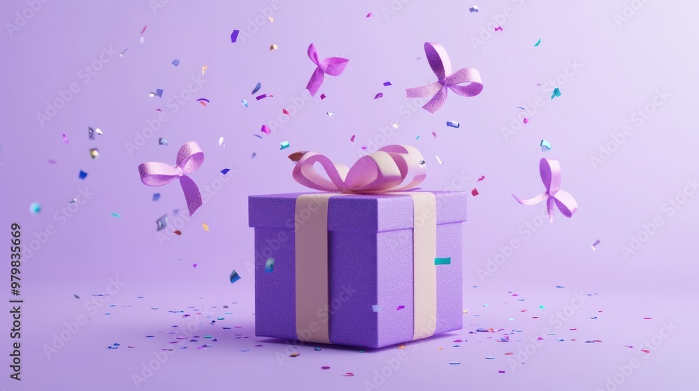 Canvas Prints A festive purple gift box with ribbons and confetti, symbolizing celebration and joy.