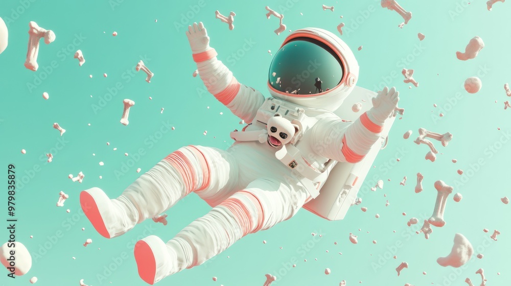 Poster an astronaut floats in space surrounded by floating bones, creating a whimsical scene.
