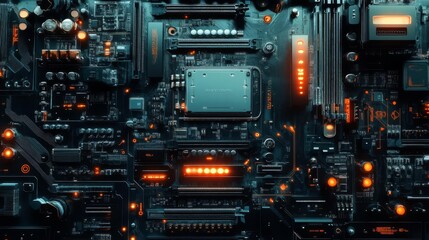 Fototapeta premium Close-up of a computer motherboard with glowing lights, showcasing intricate circuitry and technology components in a futuristic setting.