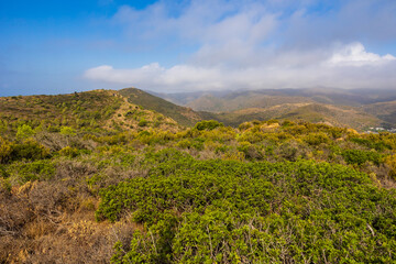 Collines partiellement sous la brume du Parc Naturel du Cap de Creus près du Cap de Norfeu sur la...