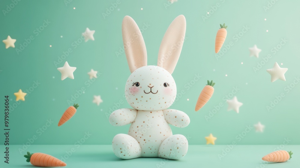 Wall mural A cute stuffed bunny surrounded by carrots and stars against a mint green background.