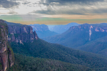 Photograph of bushland and the natural amphitheatre of the scenic Grose Valley near Blackheath in the Blue Mountains in New South Wales, Australia.