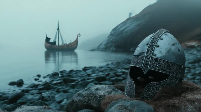 Viking Helmet Near Misty Waterscape