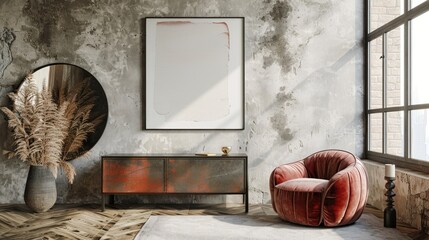 A room with a red chair, a white framed picture, and a potted plant