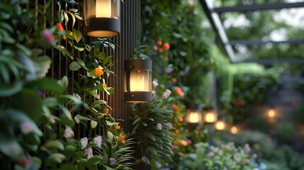 Contemporary lighting attached to luxuriant greenery and wildflowers
