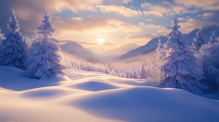 Traumhafte Winterlandschaft mit verschneiden Bergen und Tannen in einem weichem Licht, romantisches Winterpanorama 