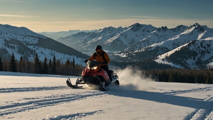 Rider on a snowmobile in the mountains