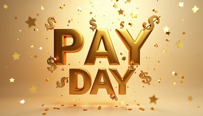 Celebrating Pay Day: Golden Letters Surrounded by Dollar Signs and Shimmering Stars, Capturing the Joy of Financial Rewards and Prosperity