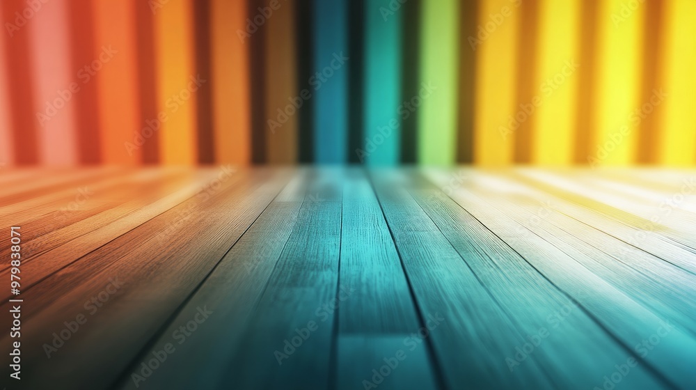 Poster wooden floor with vibrant color gradient from cool blues to warm yellows creating dynamic backdrop f