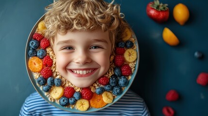 Chubby boy with a bowl of cereal topped with fruit art, arranged to look like a smiling face, promoting the importance of breakfast