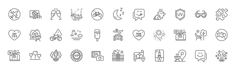 Yummy smile, Travel sea and Ice cream line icons. Pack of Travel luggage, Moon, Fireworks stars icon. Deckchair, Uv protection, Vip chip pictogram. Puzzle, Bike attention, Champagne glasses. Vector