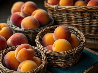 Ripe peaches with soft fuzz in a wicker basket at a market stall