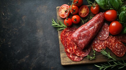 A fillet meat and salami with tomatoes, top view. The image should have copy-space
