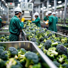 Broccoli Processing Line. Workers in a food processing plant sort and prepare broccoli for distribution.