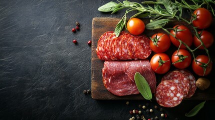 A fillet meat and salami with tomatoes, top view. The image should have copy-space